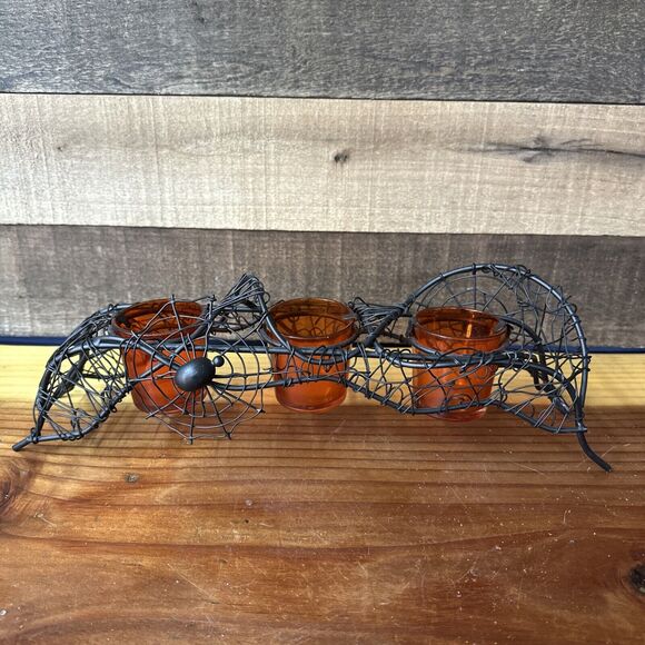 Metal Spider Web 3 Orange Votive Candle Holder Halloween - Picture 5 of 7